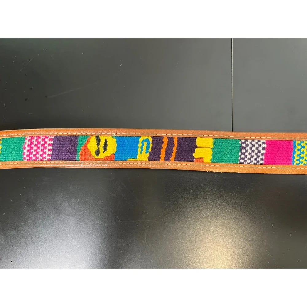 Vintage‎ Handcrafted Tan Leather Woven Textile Boho Belt Multicolor 42 Inch